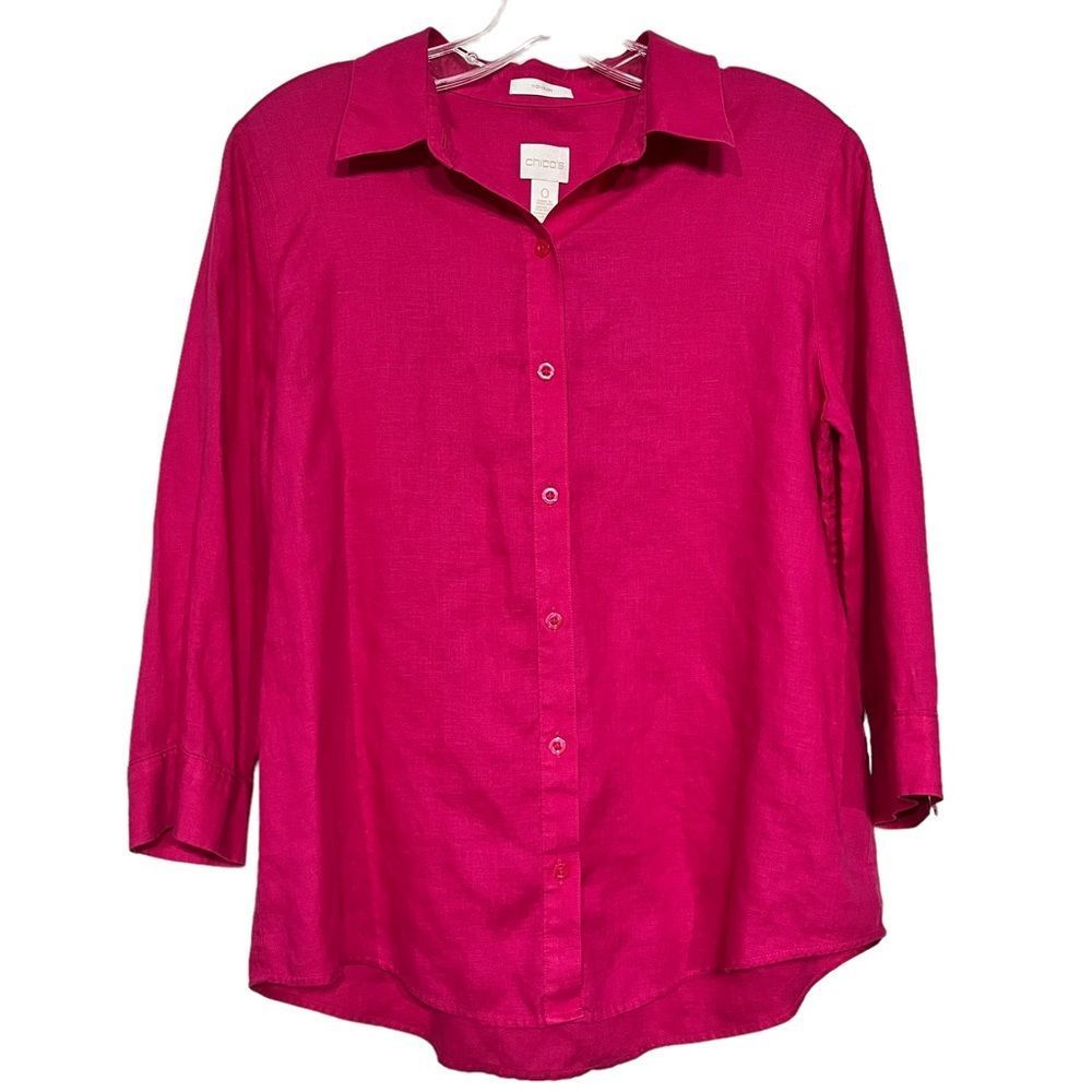 Chico's No-Iron Barbie Pink 100% Linen Long Sleeve Button Collar Women's Blouse
